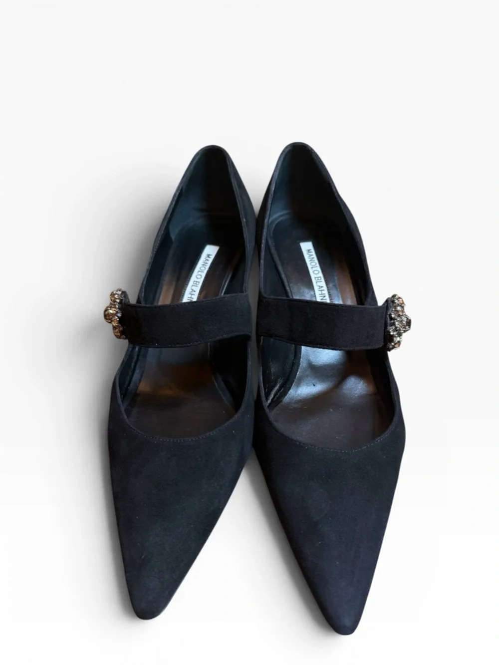MANOLO BLAHNIK Verna Suede Crystal Buckle Mary Jane Kitten Heel Pumps EU 39 US 9
